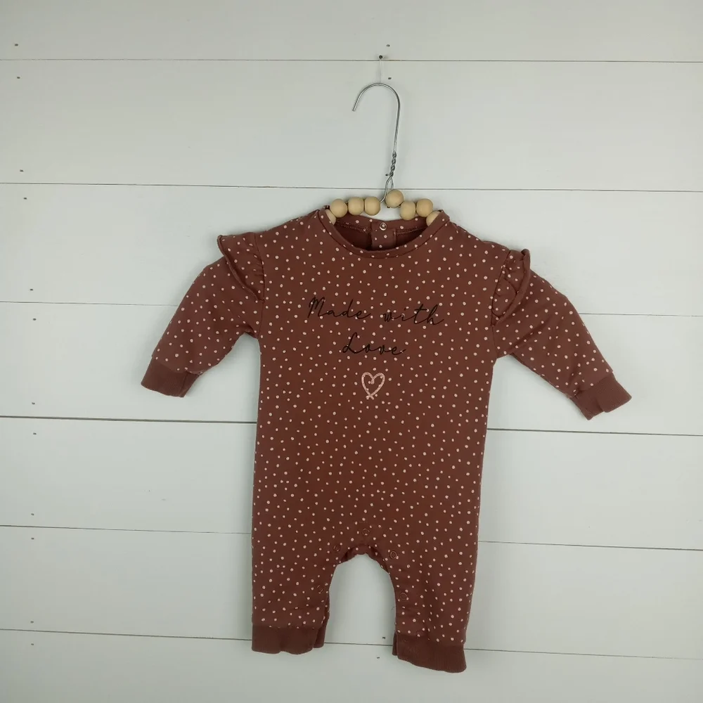 Mini Heroes girls size 3 mos polka dot made of love pant romper dark beige